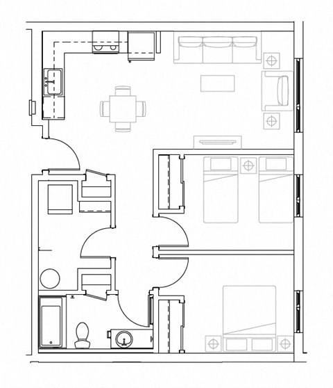 Floor plan for 2 beds, 1 bath, 880 sqft